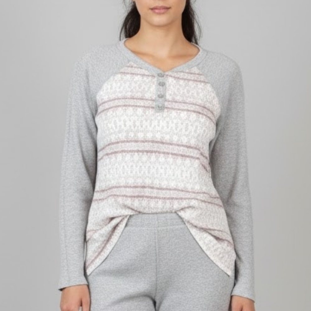 La Vie En Rose Long Sleeve Henley Pajama Top Sleepwear Waffle Grey Pink XL